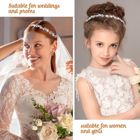 Crystal Leaf Pearl Hair Vine Tiara Headpiece with Flower Headband for Wedding Br - Picture 4 of 7